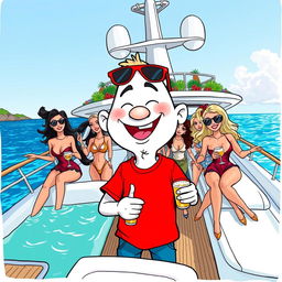 A whimsical cartoon scene depicting a cheerful white character wearing a vibrant red T-shirt, enjoying a lively alcohol party on a luxurious yacht