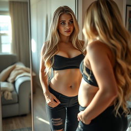 In a warmly lit apartment, a girlfriend stands in front of a mirror, her long blond hair cascading around her