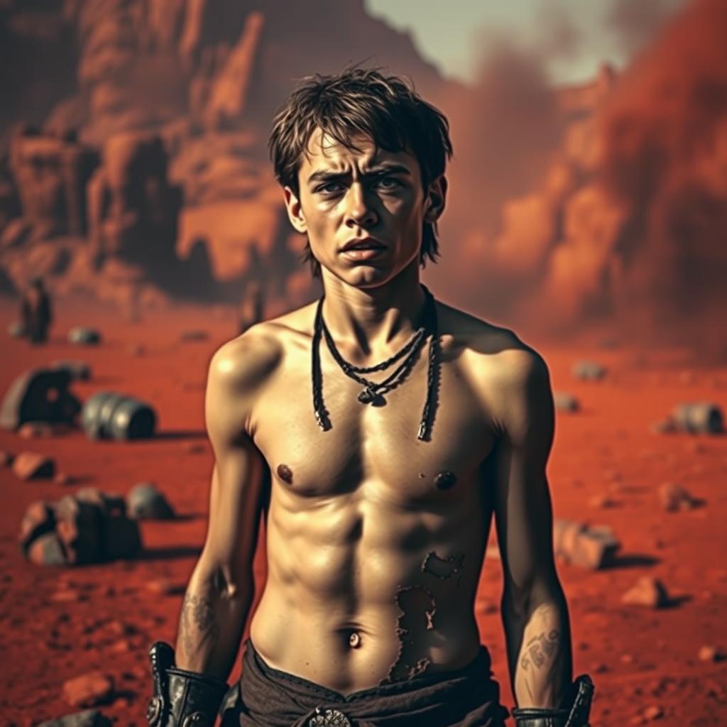 A dramatic scene depicting a captured young crusader jock, visibly crying and wearing revealing, torn clothing, standing in a slave market on a hostile red planet