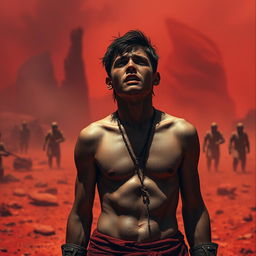 A dramatic scene depicting a captured young crusader jock, visibly crying and wearing revealing, torn clothing, standing in a slave market on a hostile red planet