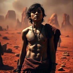 A dramatic scene depicting a captured young crusader jock, visibly crying and wearing revealing, torn clothing, standing in a slave market on a hostile red planet