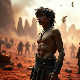 A dramatic scene depicting a captured young crusader jock, visibly crying and wearing revealing, torn clothing, standing in a slave market on a hostile red planet