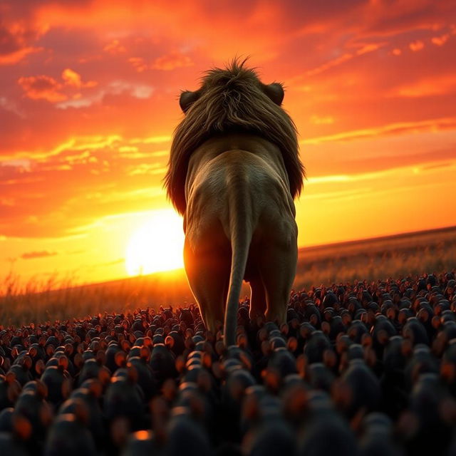 A striking image showing a lion standing majestically in front of a thousand rats