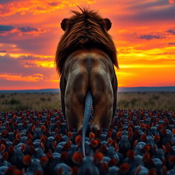 A striking image showing a lion standing majestically in front of a thousand rats