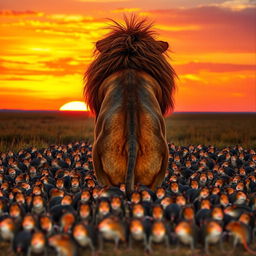 A striking image showing a lion standing majestically in front of a thousand rats