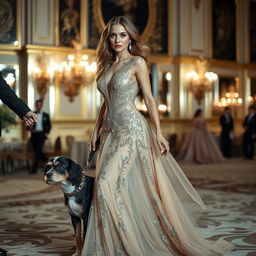 A glamorous and stylish woman in a luxurious, intricately designed fancy dress resembling Elizabeth Olsen