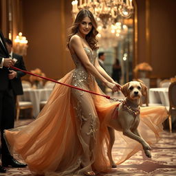 A glamorous and stylish woman in a luxurious, intricately designed fancy dress resembling Elizabeth Olsen