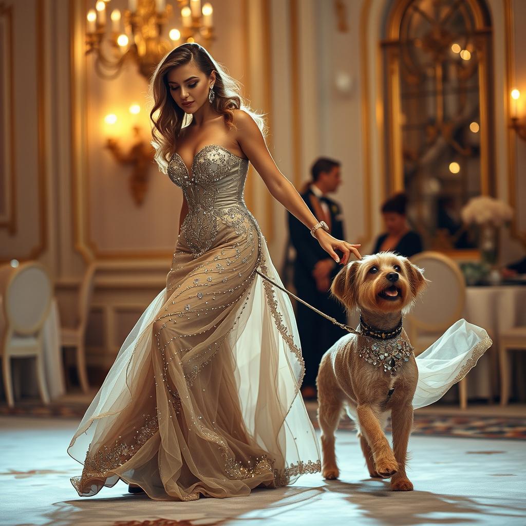 A glamorous and stylish woman in a luxurious, intricately designed fancy dress resembling Elizabeth Olsen