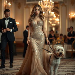 A glamorous and stylish woman in a luxurious, intricately designed fancy dress resembling Elizabeth Olsen