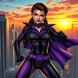 Jenna Ortega as a powerful comic book superhero, wearing a sleek full black and purple costume that highlights her athletic figure