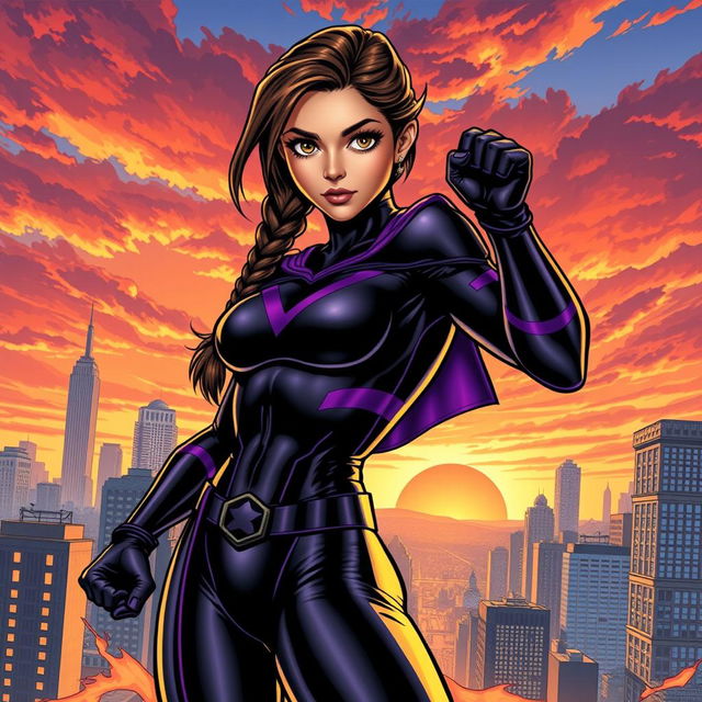 Jenna Ortega as a powerful comic book superhero, wearing a sleek full black and purple costume that highlights her athletic figure