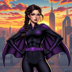 Jenna Ortega as a powerful comic book superhero, wearing a sleek full black and purple costume that highlights her athletic figure