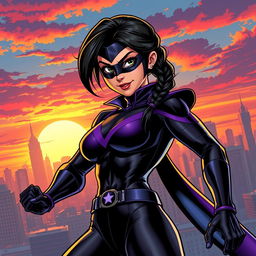 Jenna Ortega as a powerful comic book superhero, wearing a sleek full black and purple costume that highlights her athletic figure