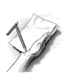 A detailed monochrome illustration of a hand holding a letter, with a pencil resting beside it