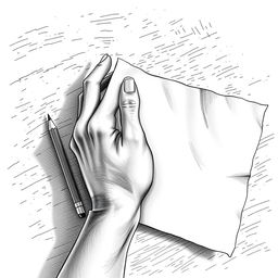 A detailed monochrome illustration of a hand holding a letter, with a pencil resting beside it