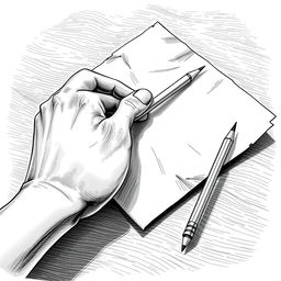 A detailed monochrome illustration of a hand holding a letter, with a pencil resting beside it
