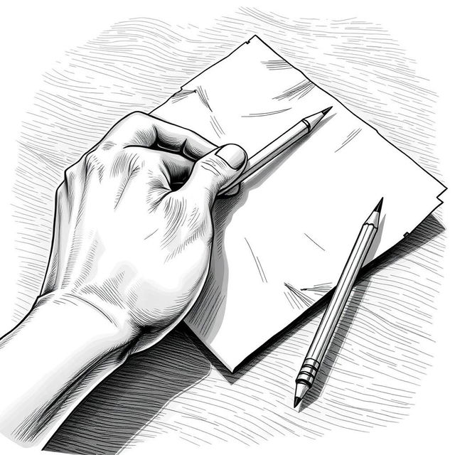 A detailed monochrome illustration of a hand holding a letter, with a pencil resting beside it