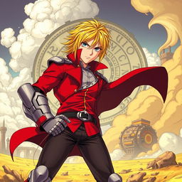 A dynamic illustration of Edward Elric from Fullmetal Alchemist, featuring his iconic blonde hair, red coat, and automail arm, capturing his determined expression as he stands in a dramatic pose against a backdrop of alchemical symbols