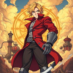 A dynamic illustration of Edward Elric from Fullmetal Alchemist, featuring his iconic blonde hair, red coat, and automail arm, capturing his determined expression as he stands in a dramatic pose against a backdrop of alchemical symbols