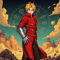 A dynamic illustration of Edward Elric from Fullmetal Alchemist, featuring his iconic blonde hair, red coat, and automail arm, capturing his determined expression as he stands in a dramatic pose against a backdrop of alchemical symbols