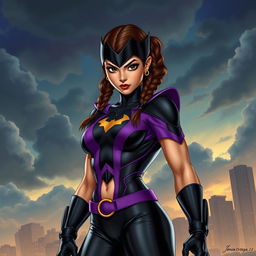 Jenna Ortega as a powerful comic book superhero, donning a striking full black and purple costume that accentuates her athletic figure