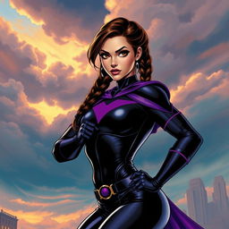 Jenna Ortega as a powerful comic book superhero, donning a striking full black and purple costume that accentuates her athletic figure