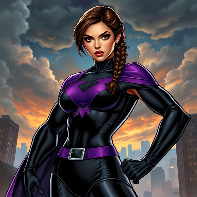 Jenna Ortega as a powerful comic book superhero, donning a striking full black and purple costume that accentuates her athletic figure