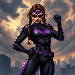 Jenna Ortega as a powerful comic book superhero, donning a striking full black and purple costume that accentuates her athletic figure