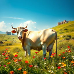 A magnificent scene depicting a cow in a lush, green landscape, representing the pre-Islamic period