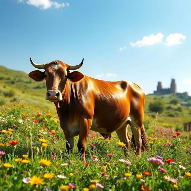 A magnificent scene depicting a cow in a lush, green landscape, representing the pre-Islamic period