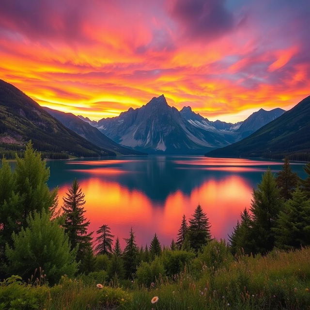 A picturesque landscape featuring a serene lake surrounded by majestic mountains during a vibrant sunset