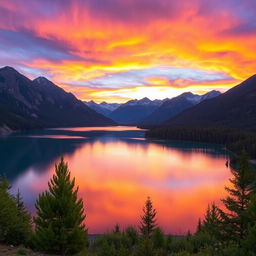 A picturesque landscape featuring a serene lake surrounded by majestic mountains during a vibrant sunset