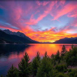 A picturesque landscape featuring a serene lake surrounded by majestic mountains during a vibrant sunset