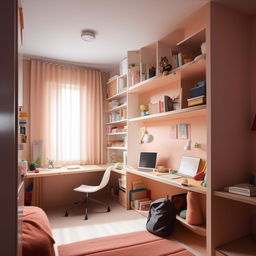 Design a student's room within a 12*20 space, including affordable yet cool and spacious features like a compact study area, comfortable sleeping area, clever storage solutions, and a generally cozy atmosphere.