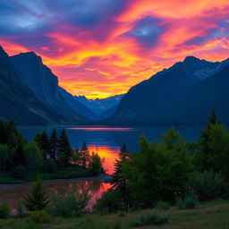 A picturesque landscape featuring a serene lake surrounded by majestic mountains during a vibrant sunset