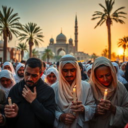 A poignant scene capturing the sorrowful atmosphere in Medina, where the community is mourning the martyrdom of Lady Fatimah (peace be upon her)