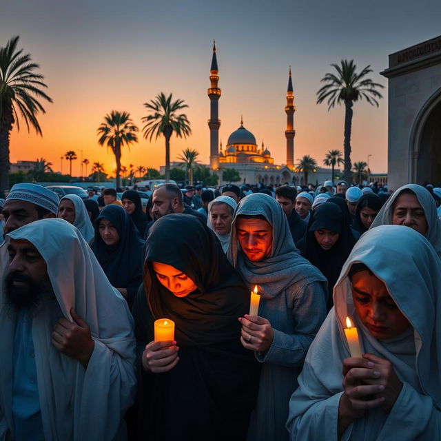 A poignant scene capturing the sorrowful atmosphere in Medina, where the community is mourning the martyrdom of Lady Fatimah (peace be upon her)