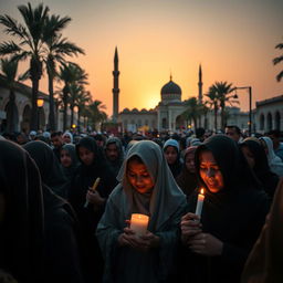A poignant scene capturing the sorrowful atmosphere in Medina, where the community is mourning the martyrdom of Lady Fatimah (peace be upon her)