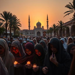 A poignant scene capturing the sorrowful atmosphere in Medina, where the community is mourning the martyrdom of Lady Fatimah (peace be upon her)