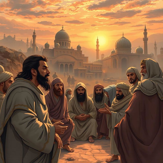 A dramatic and tense scene illustrating a historical moment from Islamic history, featuring key figures: Ali ibn Abi Talib expressing resolve, Abu Bakr and Umar showing concern and frustration, and other notable companions like Abbas, Al-Fadl, Miqdad, Salman, Abu Dharr, and Ammar in a somber setting