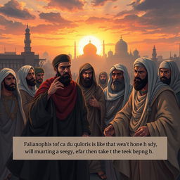 A dramatic and tense scene illustrating a historical moment from Islamic history, featuring key figures: Ali ibn Abi Talib expressing resolve, Abu Bakr and Umar showing concern and frustration, and other notable companions like Abbas, Al-Fadl, Miqdad, Salman, Abu Dharr, and Ammar in a somber setting