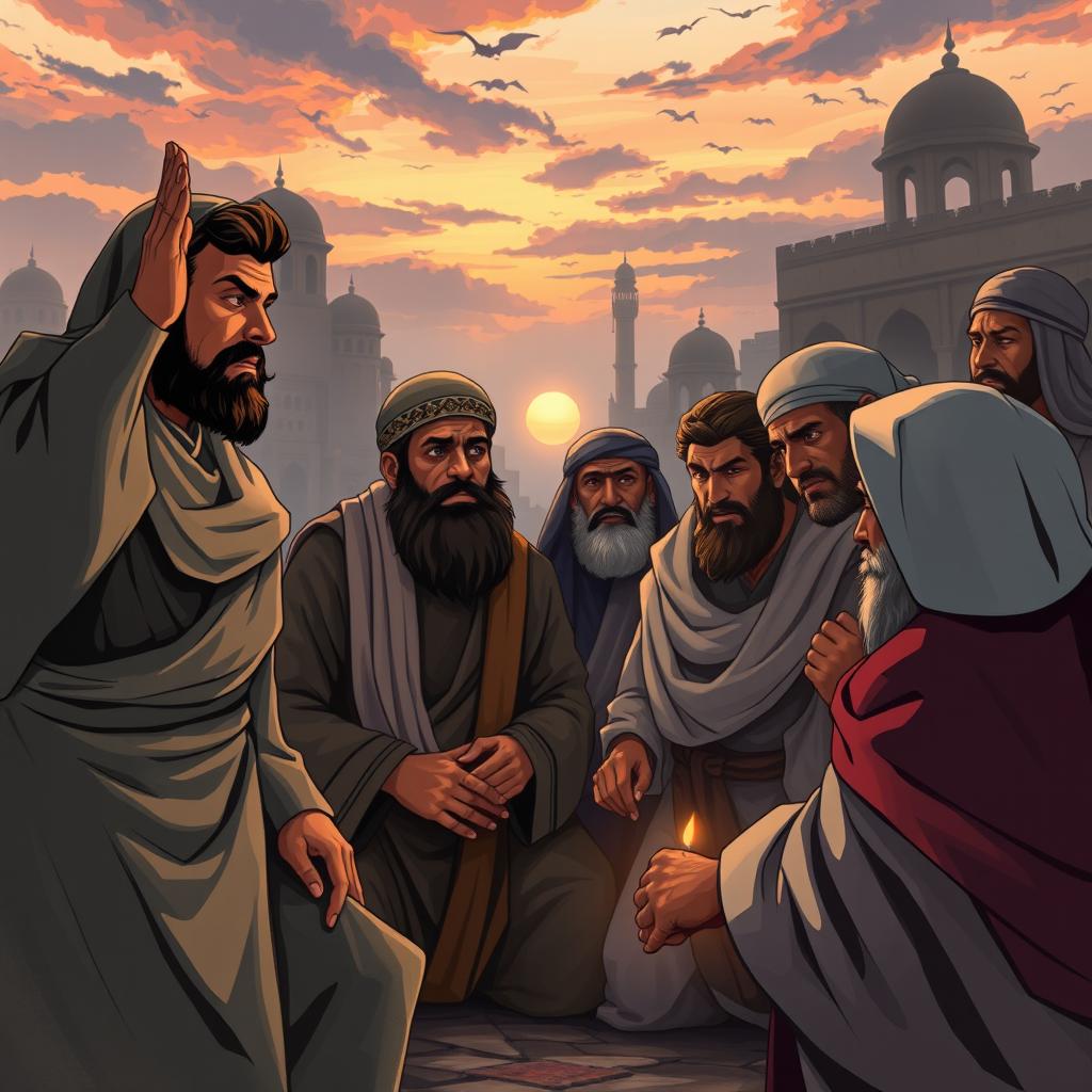 A dramatic and tense scene illustrating a historical moment from Islamic history, featuring key figures: Ali ibn Abi Talib expressing resolve, Abu Bakr and Umar showing concern and frustration, and other notable companions like Abbas, Al-Fadl, Miqdad, Salman, Abu Dharr, and Ammar in a somber setting