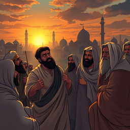 A dramatic and tense scene illustrating a historical moment from Islamic history, featuring key figures: Ali ibn Abi Talib expressing resolve, Abu Bakr and Umar showing concern and frustration, and other notable companions like Abbas, Al-Fadl, Miqdad, Salman, Abu Dharr, and Ammar in a somber setting