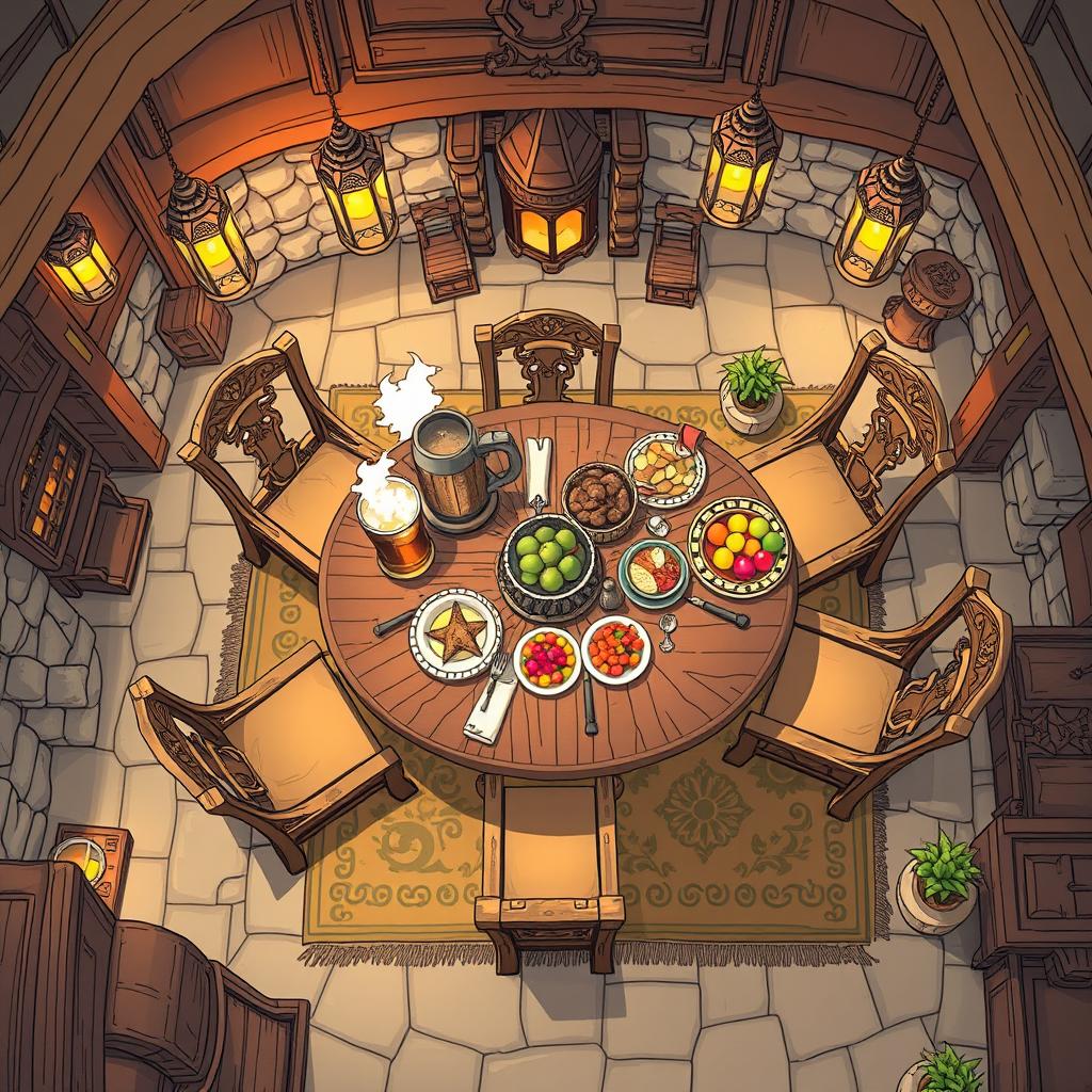 A top view anime sketch of a fantasy tavern, featuring a large wooden table surrounded by intricately designed chairs