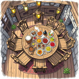 A top view anime sketch of a fantasy tavern, featuring a large wooden table surrounded by intricately designed chairs