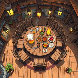 A top view anime sketch of a fantasy tavern, featuring a large wooden table surrounded by intricately designed chairs