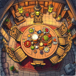 A top view anime sketch of a fantasy tavern, featuring a large wooden table surrounded by intricately designed chairs
