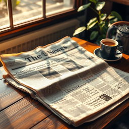 A beautifully detailed, vintage-style newspaper lying on a wooden table, with slightly yellowed pages featuring classic headlines and articles, soft sunlight casting gentle shadows across the paper