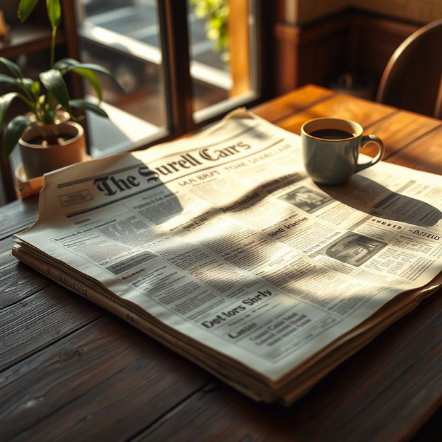 A beautifully detailed, vintage-style newspaper lying on a wooden table, with slightly yellowed pages featuring classic headlines and articles, soft sunlight casting gentle shadows across the paper