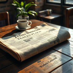 A beautifully detailed, vintage-style newspaper lying on a wooden table, with slightly yellowed pages featuring classic headlines and articles, soft sunlight casting gentle shadows across the paper